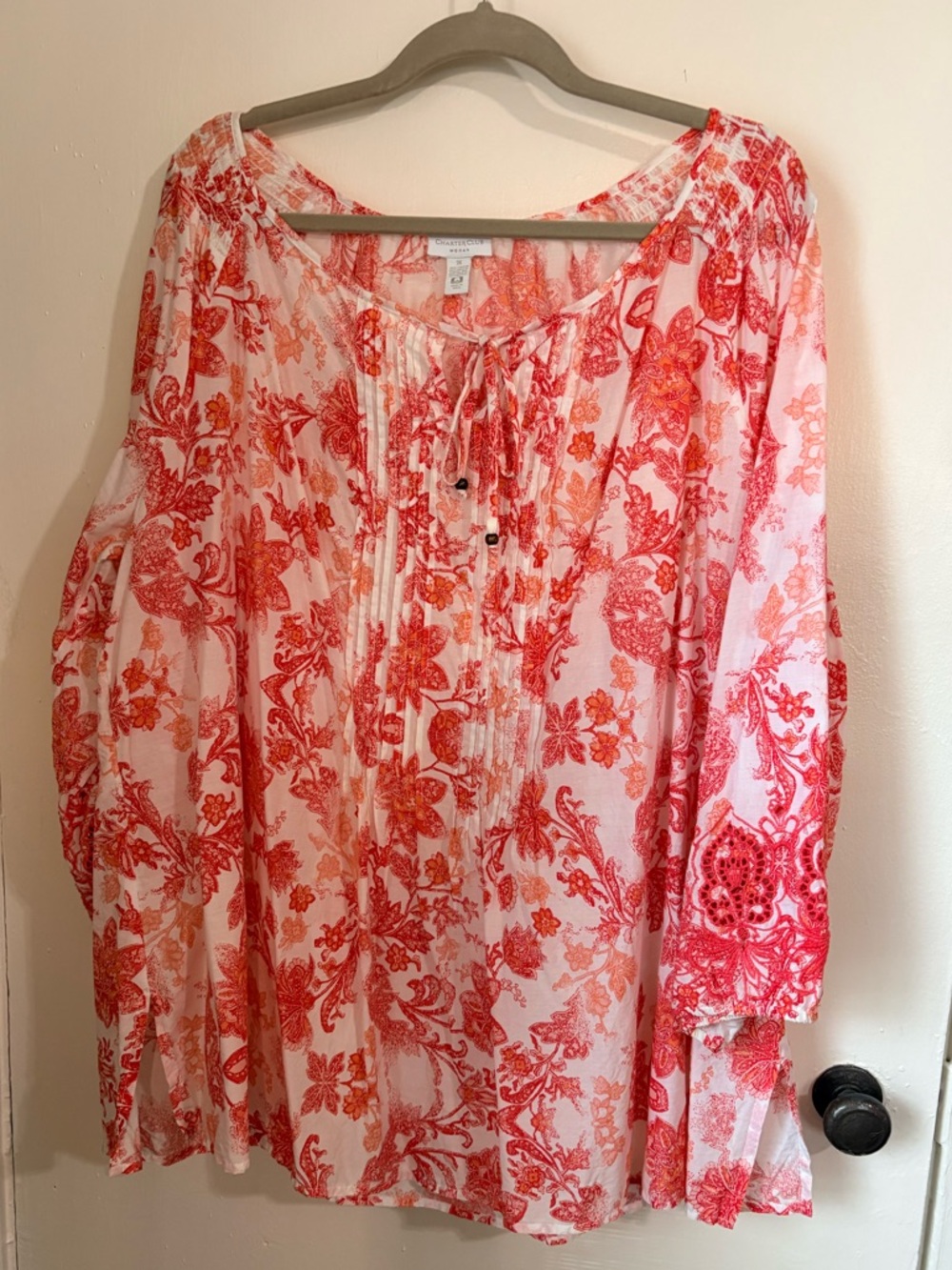 Charter Club 3X Red Floral Boho Blouse Peasant Top Lace Sleeve